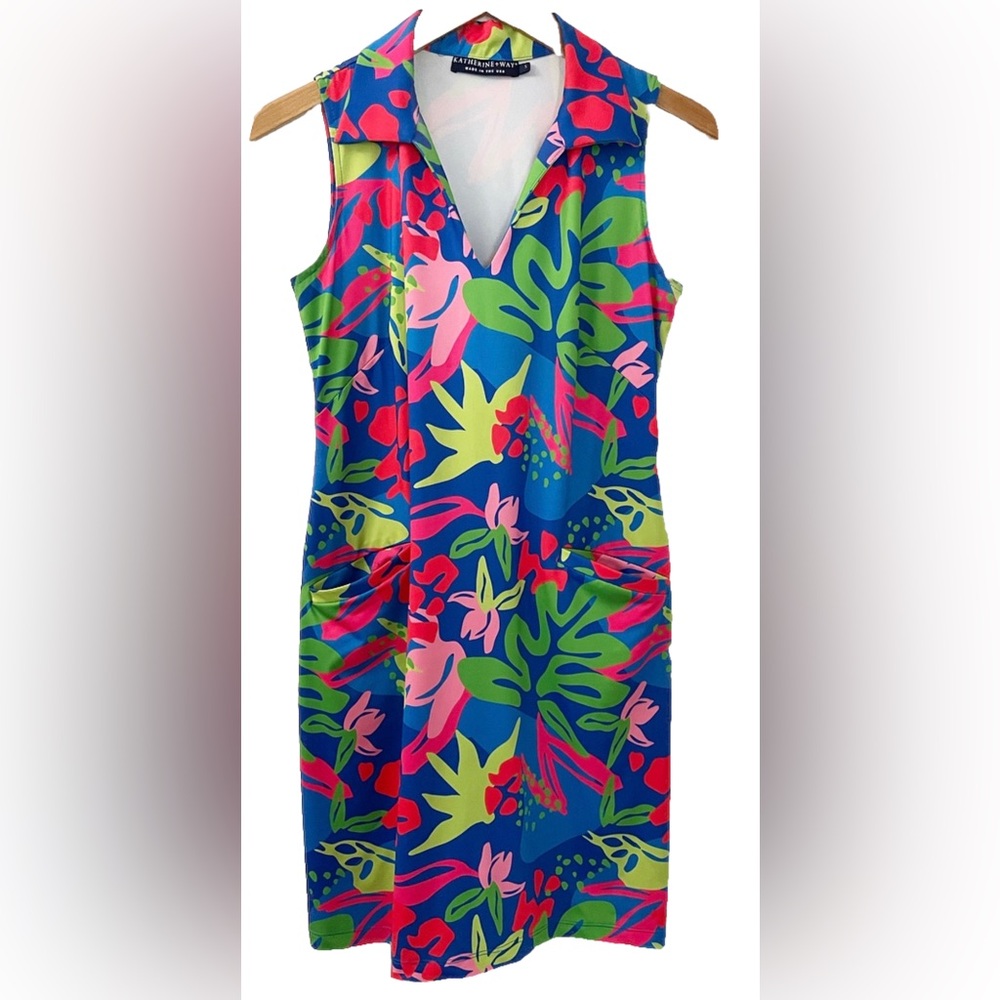 Katherine Way Blue Tropical Floral Shift Dress Size S Made USA - Picture 4 of 9